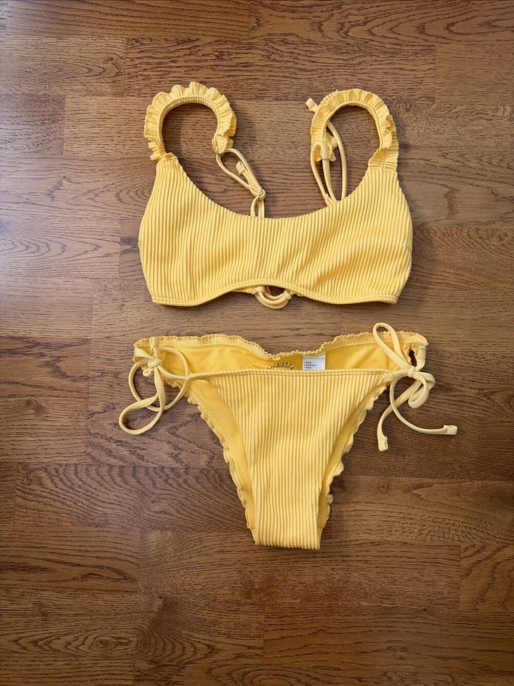 Hollister Swim Ribbed Side Tie Ruffle Cheeky Bikini Yellow XS S Strappy Top